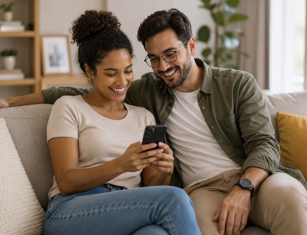 Casal regularizando o contrato pelo celular